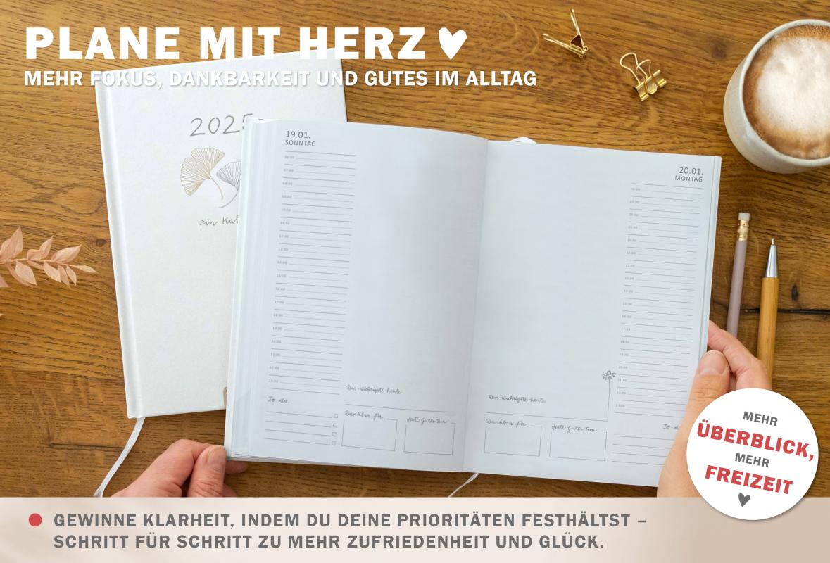 Detailansicht Monatsübersicht A5 Terminkalender 2025, weiß grau beige